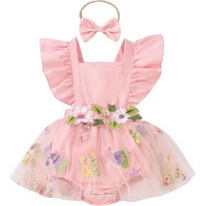 Newborn Infant Baby Girl Clothes Sleeveless Daisy Romper Dress Bow Layer Tulle Dresses Bow Headband Summer Bodysuit