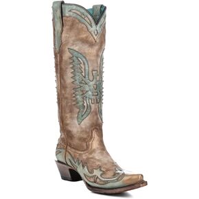 CORRAL LADIE'S BONE/TURQUOISE EAGLE OVERLAY, LEATHER SOLE, COWHIDE LEATHER, WESTERN BOOT, A4302