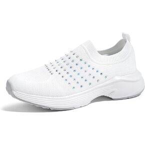 LUCKY STEP Women's Rhinestone Walking Shoes Lightweight Breathable Mesh Trainers Casual Slip On Sparkly Sneakers