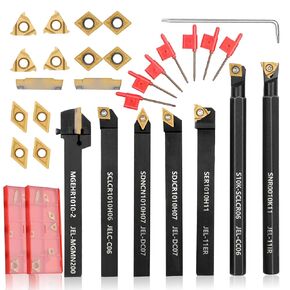 Indexable Lathe Turning Tool 21Pcs Kit 3/8'' 10mm Shank 7Pcs Metal Lathe Tools Holder Set with 14Pcs Turning Inserts for Turning Grooving Threading Boring Carbide Inserts Carbide Turning Tool