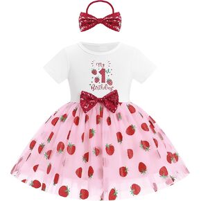 IDOPIP Strawberry 1st 2nd 3rd Birthday Outfit for Baby Girls Sequin Berry Princess Cake Smash Party Tutu Dress with Headband