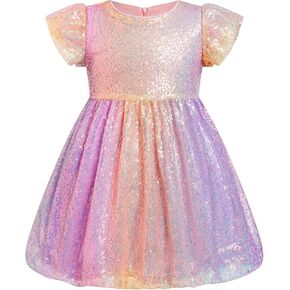 IBTOM CASTLE Toddler Baby Girl Sequin Dress Ruffle Sleeve Gradient Rainbow Sparkle Birthday Dress Summer Fancy Party Dress