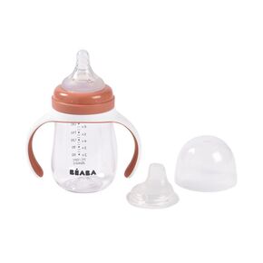 BEABA 2-in-1 Baby Bottle to Transition Sippy Cup, No Spill Sippy Cup, Includes Removable Handles, Silicone Baby Bottle Nipple and Soft Spout, 7 oz Terracotta