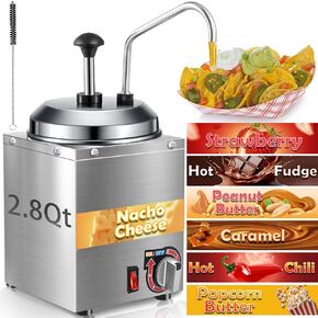 Nacho Cheese Dispenser with Stainless Steel Pump, 4.3 QT Sauce Warmer, 86-194℉ 6 Temperature Levels Adjustable Heater, Commercial Hot Fudge Chocolate, Hot Chili, Caramel, Peanut Butter Electric Warmer
