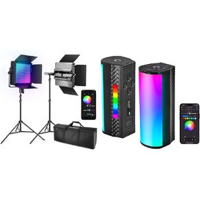 NEEWER 2 Pack RGB1200 LED Video Light APP/2.4G Control, 60W Photography Video Lighting Kit with TL97C Magnetic Handheld Light Wand APP Control, 360° Full RGB Mini LED Video Light Stick