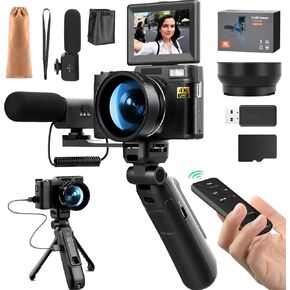 4k Digital Cameras for Photography, 48MP Video/Vlogging Camera for YouTube, Vlogger Kit, Content Creator Kit-Microphone & Remote Control Tripod Grip, Travel Camera with Wide-Angle & Macro len
