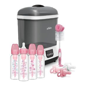 Dr. Brown’s Anti-Colic Options+ Baby Bottles 8 oz, Level 1 Nipple, 4 Pack, Pink Floral, 0m+ with Sterilizer, Bottle Brush, and HappyPaci Pacifier 0-6m, Pink Gift Set