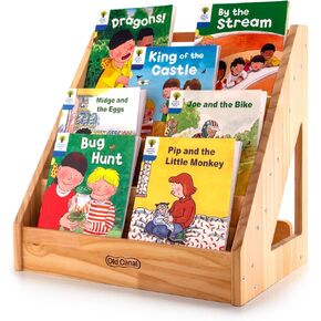 Montessori Bookshelf for Toddlers, 5-Tier Kids Bookshelf and Toy Storage Organizer with Handle & Anti-Tilting Design, Children's Pine Rack Book Display Shelves for Nursery/Classroom
