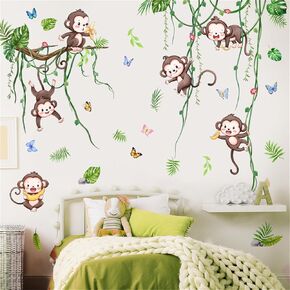 Green Climbing Vine Plant Wall Decals Wild Animals Cute Monkey Wall Stickers Removable Peel and Stick Girls Bedroom Living Room Background Wall Art Murals Kids Baby Nursery Wall Decor Home Decoration