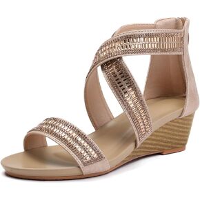 Wojwski Wedge Sandals for Women Bohemia Rhinestone Open Tee Roman Heel Zipper Summer Summer Wy Women's Beach Shoes