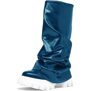 Women's Platform Round Toe Fold Over Boots Metallic Mid Calf Boots Chunky Heel Pull-On Fashion Shark Booties for Ladies Party Shoes