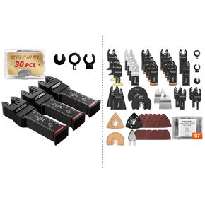 30 Pcs Extra Long Bi-Metal + 97Pcs Oscillating Tool Blades with Case, Sandpaper for Grout Removal, Wood, Metal, Plastic, Fit for Dewalt Ryobi Milwaukee Rockwell