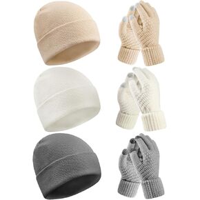 6 Pieces Women Knit Beanie Hats Touchscreen Gloves Set for Winter Cute Hats Soft Skull Cap Gifts for Christmas
