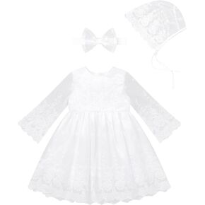 Infant Girl White Baptism Christening Outfits with Bonnet Flower Girl Wedding Dress Newborn Sheer Sleeve Blessing Gown in Saudi Arabia