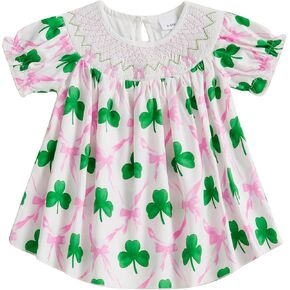 Toddler Baby Girl St Patricks Day Outfit Clover Smocked Dress Short Sleeve Bow Shamrock Dress Irish Day Clothes