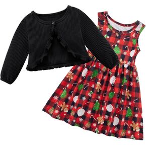 Patgoal Baby Girl Christmas Dress and Cardigan Set Toddler Kid Girls Xmas Sleeveless Dress Ribbed Cardigan 2 Piece Outfits
