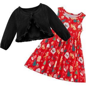 Patgoal Baby Girl Christmas Dress and Cardigan Set Toddler Kid Girls Xmas Sleeveless Dress Ribbed Cardigan 2 Piece Outfits in Saudi Arabia