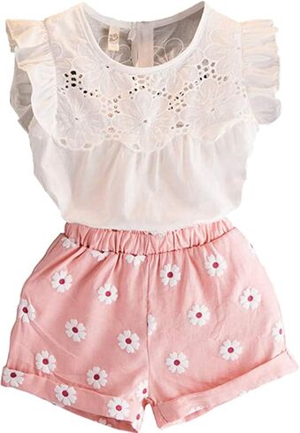 Happy Town Toddler Kids Baby Girls Outfits Clothes T-Shirt Blouse Tops and Floral Shorts Pants Suit 2PCS Set in Kuwait