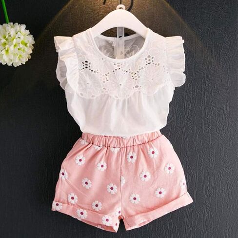Happy Town Toddler Kids Baby Girls Outfits Clothes T-Shirt Blouse Tops and Floral Shorts Pants Suit 2PCS Set in Kuwait