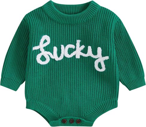 Newborn Baby Boy Girl St Patricks Day Outfit Embroidery Knit Sweater Bubble Romper Oversized Long Sleeve Bodysuit in Kuwait