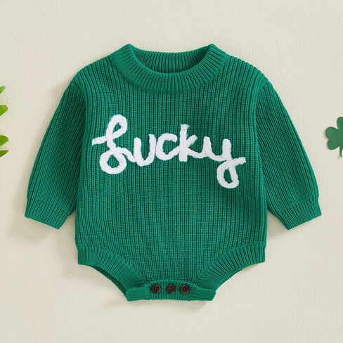 Newborn Baby Boy Girl St Patricks Day Outfit Embroidery Knit Sweater Bubble Romper Oversized Long Sleeve Bodysuit in Kuwait