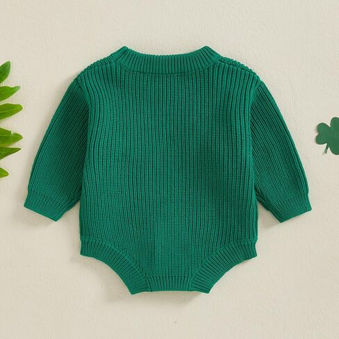 Newborn Baby Boy Girl St Patricks Day Outfit Embroidery Knit Sweater Bubble Romper Oversized Long Sleeve Bodysuit in Kuwait