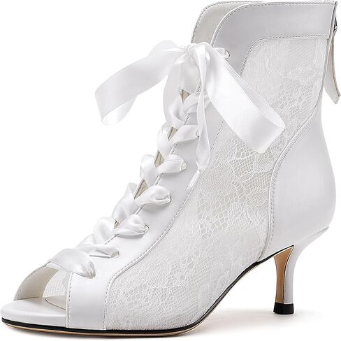 Women's Mesh Lace Booties Lace Up Ankle Boots Wedding Shoes Open Toe Kitten Heels Dressy Birthday Party in Saudi Arabia