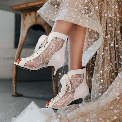 Women's Mesh Lace Booties Lace Up Ankle Boots Wedding Shoes Open Toe Kitten Heels Dressy Birthday Party in Saudi Arabia