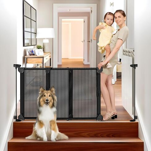 Punch Free Adjustable Pet Gates for Doorways No Drilling Sliding 32"-55" Wide Baby Gate for Stairs No Drill 28 Inch Tall Step Over Expandable Dog Gate Indoor Mesh Puppy Gates for The House (Black) in Saudi Arabia