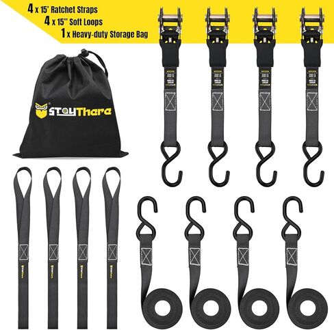 أشرطة ربط السقاطة من Stay There مقاس 1 بوصة × 15 بوصة، وأشرطة سقاطة مع خطاف على شكل حرف S - قوة كسر تبلغ 1760 رطلًا لتأمين الدراجة النارية، وقوارب الكاياك، والشاحنة ذات مقابض مطاطية، وحقيبة إضافية قوية و4 حلقات ناعمة متضمنة in Kuwait