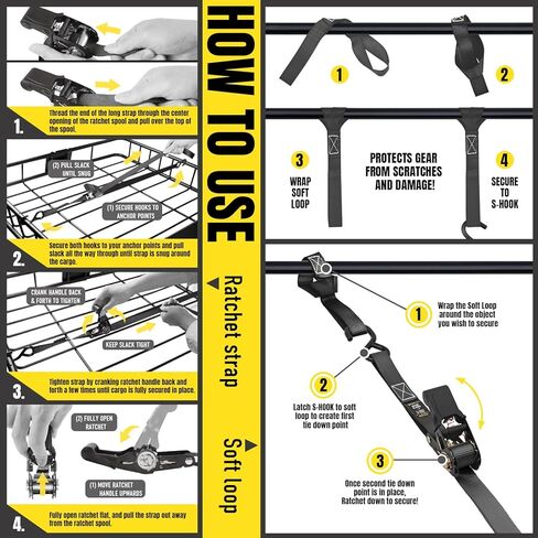 أشرطة ربط السقاطة من Stay There مقاس 1 بوصة × 15 بوصة، وأشرطة سقاطة مع خطاف على شكل حرف S - قوة كسر تبلغ 1760 رطلًا لتأمين الدراجة النارية، وقوارب الكاياك، والشاحنة ذات مقابض مطاطية، وحقيبة إضافية قوية و4 حلقات ناعمة متضمنة in Kuwait