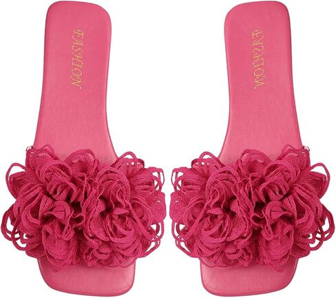 OYOANGLE Women's 3D Floral Flat Sandals Square Open Toe PU Leather Slip on Slides in Kuwait