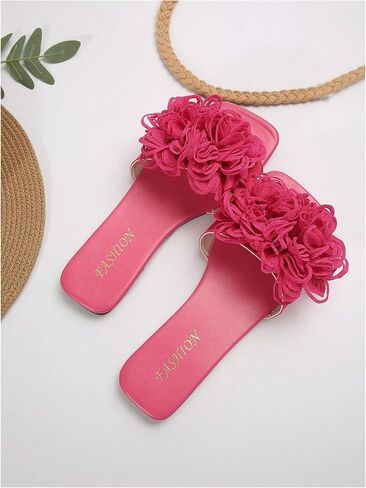 OYOANGLE Women's 3D Floral Flat Sandals Square Open Toe PU Leather Slip on Slides in Kuwait