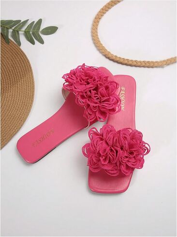 OYOANGLE Women's 3D Floral Flat Sandals Square Open Toe PU Leather Slip on Slides in Kuwait