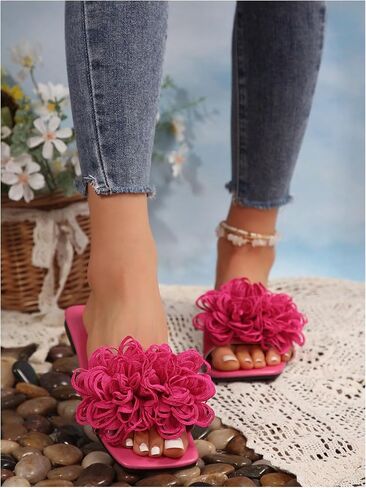 OYOANGLE Women's 3D Floral Flat Sandals Square Open Toe PU Leather Slip on Slides in Kuwait