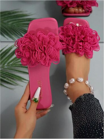 OYOANGLE Women's 3D Floral Flat Sandals Square Open Toe PU Leather Slip on Slides in Kuwait
