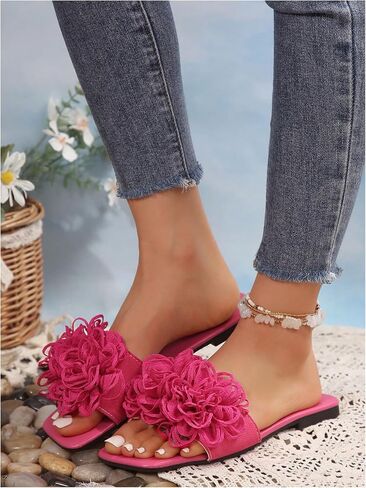 OYOANGLE Women's 3D Floral Flat Sandals Square Open Toe PU Leather Slip on Slides in Kuwait