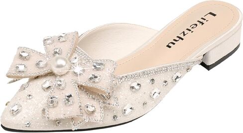 Women's Glitter Rhinestone Bow Low Heels Mules Fashion Pearl Closed Pointed Toe Slip On Comfortable Chunky Heel Clogs for Party Date Prom Wedding Dressy Slides in Kuwait