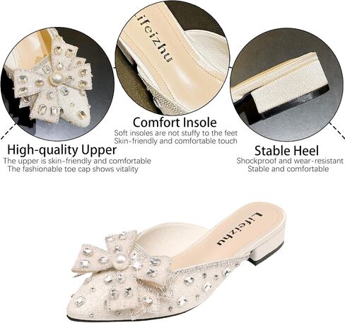 Women's Glitter Rhinestone Bow Low Heels Mules Fashion Pearl Closed Pointed Toe Slip On Comfortable Chunky Heel Clogs for Party Date Prom Wedding Dressy Slides in Kuwait