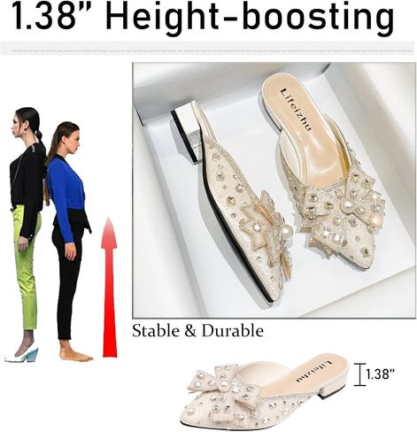 Women's Glitter Rhinestone Bow Low Heels Mules Fashion Pearl Closed Pointed Toe Slip On Comfortable Chunky Heel Clogs for Party Date Prom Wedding Dressy Slides in Kuwait