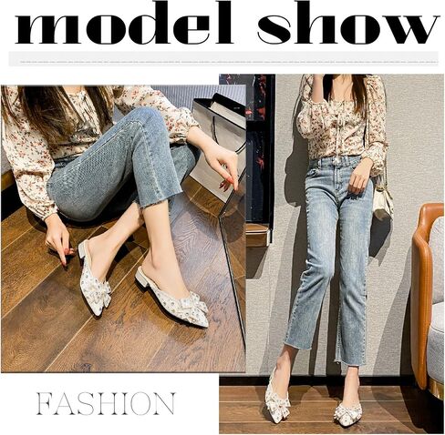 Women's Glitter Rhinestone Bow Low Heels Mules Fashion Pearl Closed Pointed Toe Slip On Comfortable Chunky Heel Clogs for Party Date Prom Wedding Dressy Slides in Kuwait