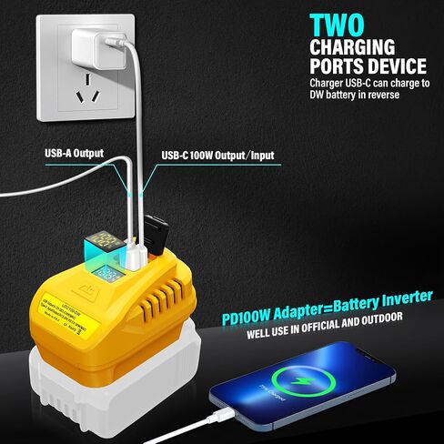 100W USB Wall Charging Kit Adapter for DeWalt 20V Battery, Replace for DCB094, QC3.0 Type-C and USB Port, with LED Display (Battery not Included) in Saudi Arabia
