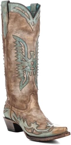 CORRAL LADIE'S BONE/TURQUOISE EAGLE OVERLAY, LEATHER SOLE, COWHIDE LEATHER, WESTERN BOOT, A4302 in Kuwait