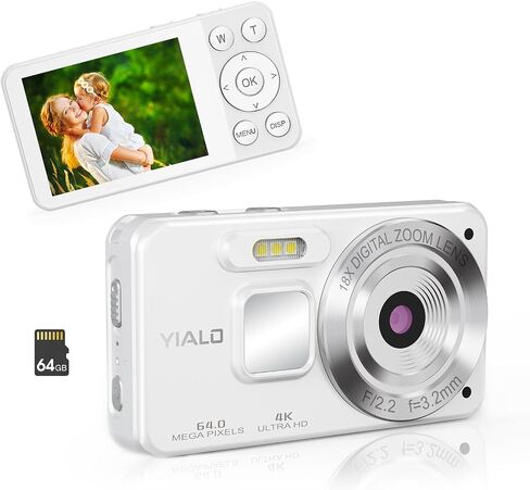 4K Digital Camera for Teens, FHD 64MP Digital Camera for Kids with 64GB SD Card, 18X Digital Zoom Cameras for Photography, Point and Shoot Video Camera for Kids, White in Saudi Arabia