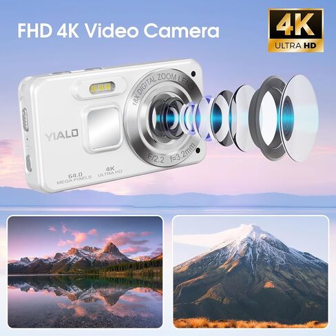 4K Digital Camera for Teens, FHD 64MP Digital Camera for Kids with 64GB SD Card, 18X Digital Zoom Cameras for Photography, Point and Shoot Video Camera for Kids, White in Saudi Arabia