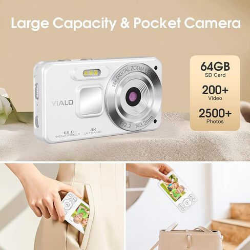 4K Digital Camera for Teens, FHD 64MP Digital Camera for Kids with 64GB SD Card, 18X Digital Zoom Cameras for Photography, Point and Shoot Video Camera for Kids, White in Saudi Arabia