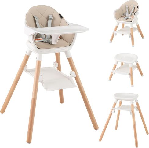 HONEY JOY Baby High Chair, 6 In 1 Convertible Wooden Highchair for Babies and Toddlers/Toddler Chair/Bar Stool, Removable Double Tray & Reversible Footrest, Safety Harness for Infant Boys Girls (Pink) in Kuwait