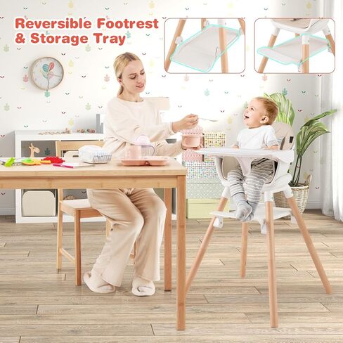 HONEY JOY Baby High Chair, 6 In 1 Convertible Wooden Highchair for Babies and Toddlers/Toddler Chair/Bar Stool, Removable Double Tray & Reversible Footrest, Safety Harness for Infant Boys Girls (Pink) in Kuwait