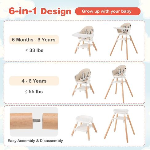 HONEY JOY Baby High Chair, 6 In 1 Convertible Wooden Highchair for Babies and Toddlers/Toddler Chair/Bar Stool, Removable Double Tray & Reversible Footrest, Safety Harness for Infant Boys Girls (Pink) in Kuwait