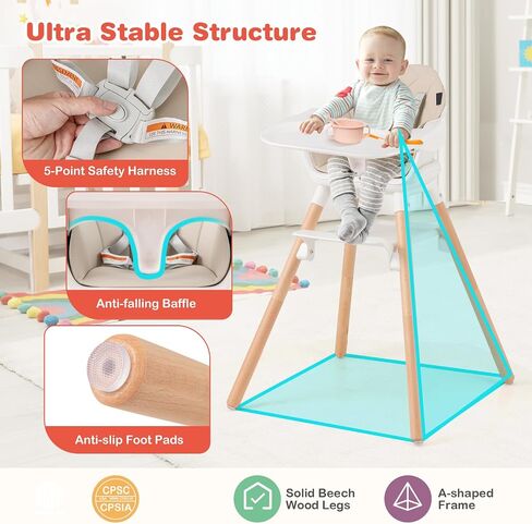 HONEY JOY Baby High Chair, 6 In 1 Convertible Wooden Highchair for Babies and Toddlers/Toddler Chair/Bar Stool, Removable Double Tray & Reversible Footrest, Safety Harness for Infant Boys Girls (Pink) in Kuwait